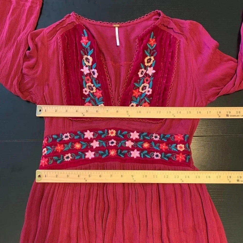 Free People‎ Flora Midi Dress Embroidered Velvet Boho Cottagecore Women's Medium